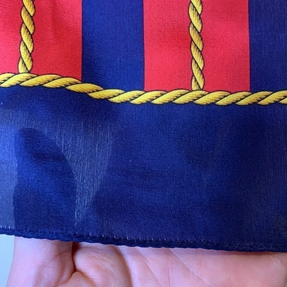 Echo || Silk Nautical Red Blue Striped with Gold Rope Design Scarf 10 1/2” x 52”